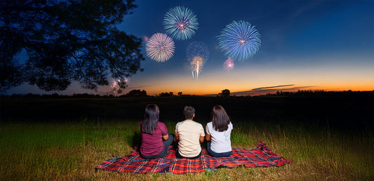 People sitting on a blanket watching fireworks