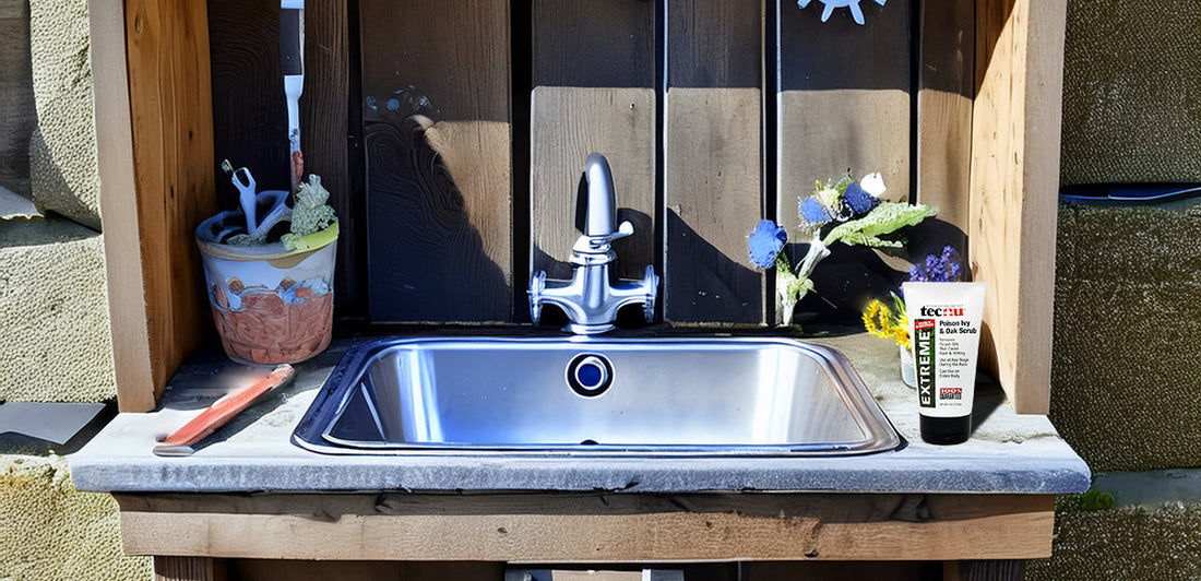 Tecnu Extreme Poison Ivy Scrub sitting on an outdoor sink
