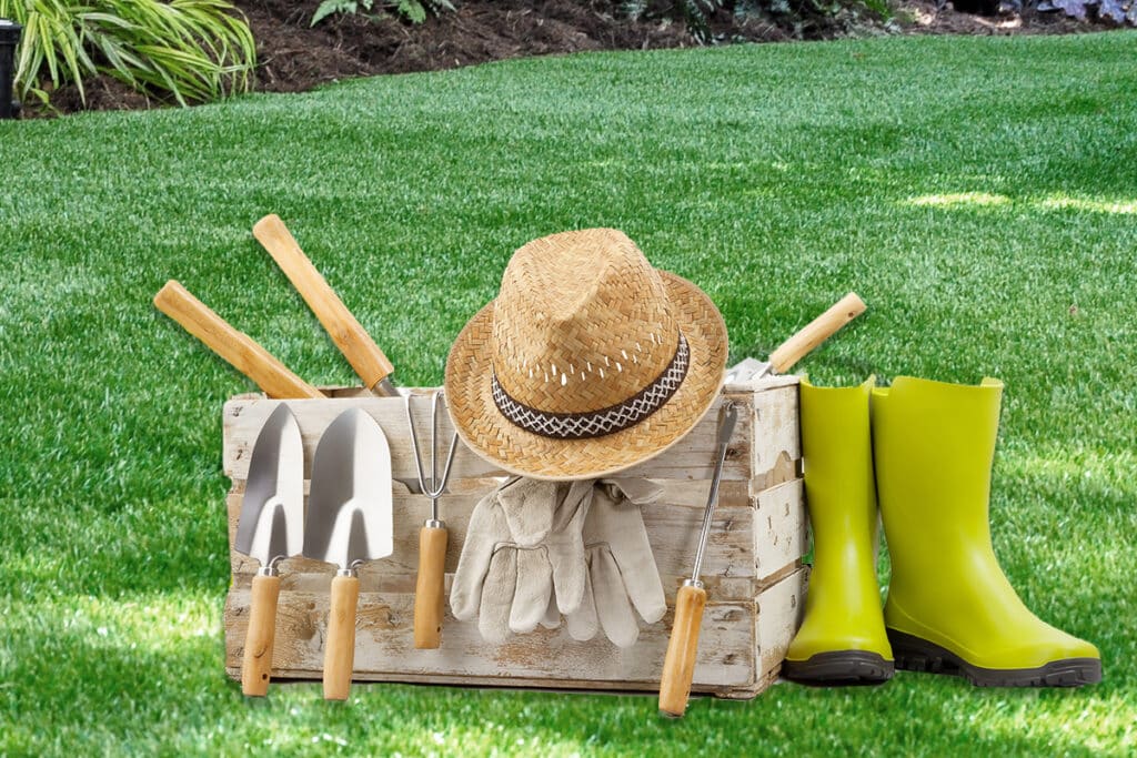 A closer look on a set of various gardening tools placed on backyard grass. 